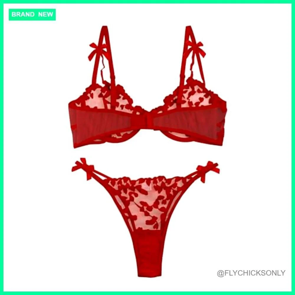 Underwire Push Up Lingerie Set Embroidered Mesh Sheer Strappy